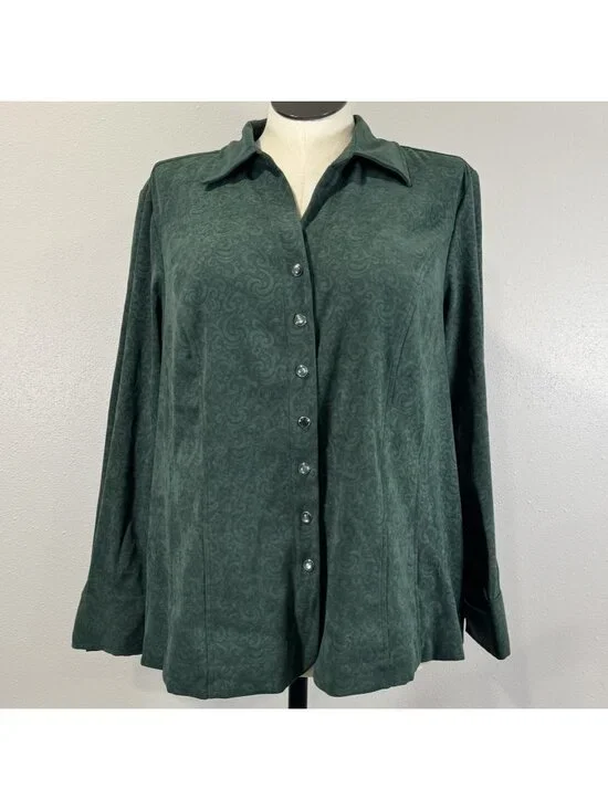CJ Banks Pearl Snap Blouse Womens Size 1X Stretch Paisley Green Long Sleeve - Picture 1 of 13